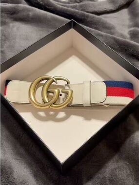 Authentic Gucci Sylvie Web Double G 40mm Belt in Mystic White Leather